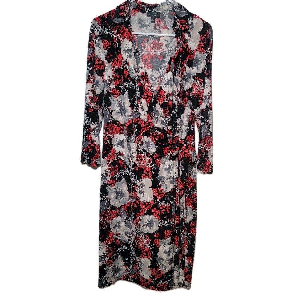 The Limited Collection Black Red White Grey‎ Floral Wrap Dress L Wedding Work